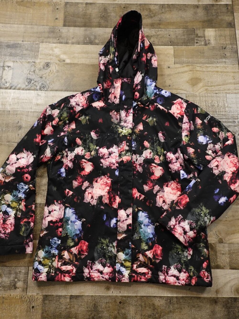Roxy DryFlight 10K Snow Jacket Women’s XXL Black Pink Floral Hooded Ski Winter